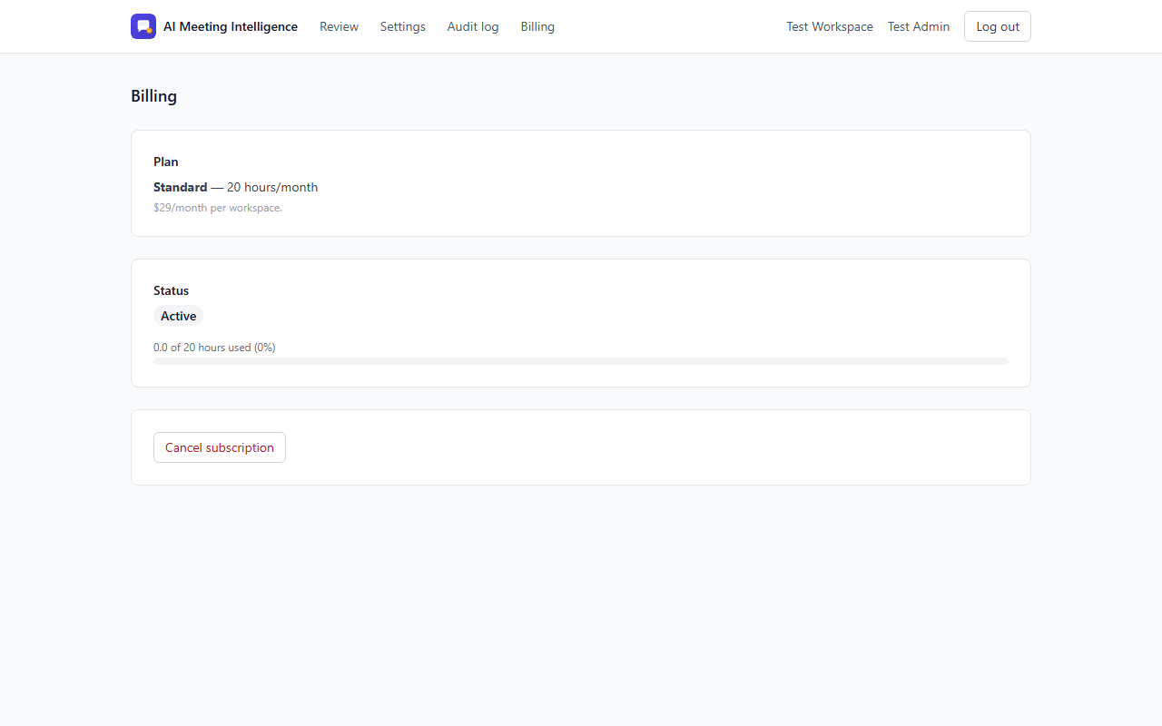 Billing page showing plan, active status, and usage