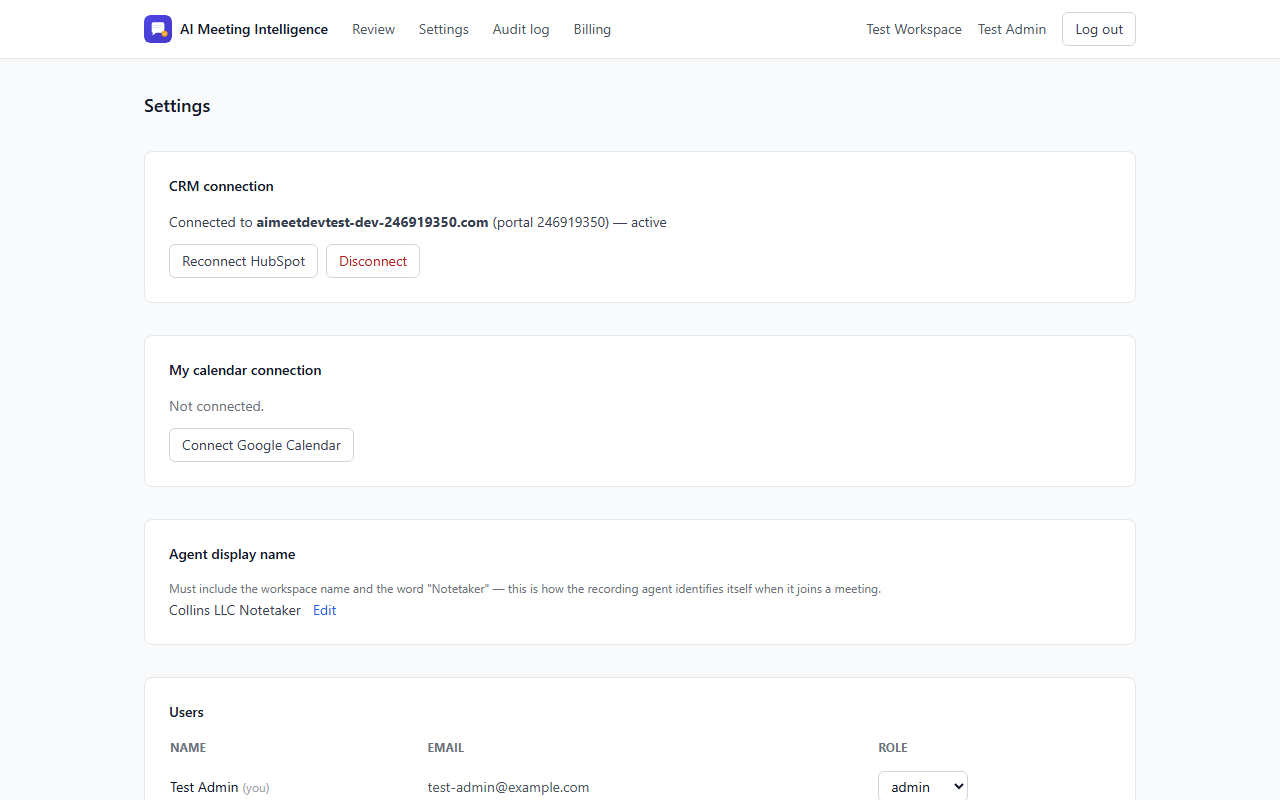 Settings page showing CRM connection, calendar connection, and agent display name