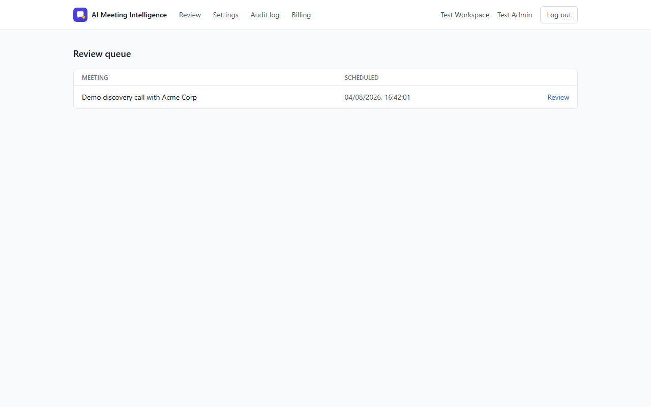 Review queue showing a meeting awaiting review