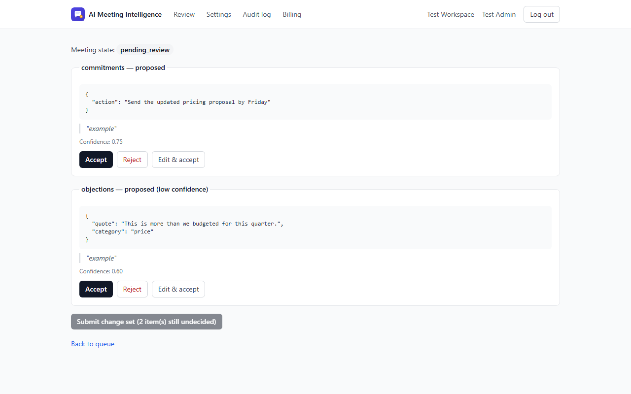 Review detail page showing proposed commitments and objections with Accept, Reject, and Edit and accept buttons