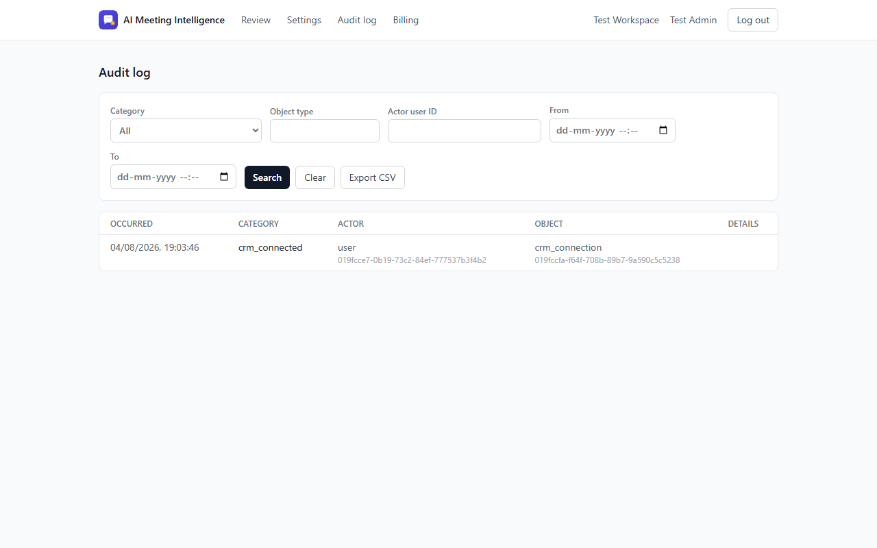 Audit log showing a crm_connected event